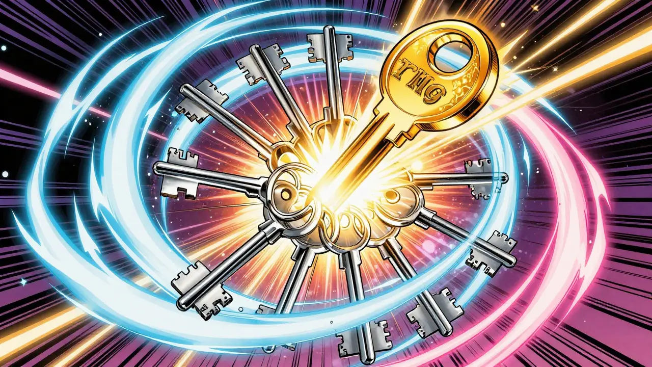 A golden digital key blending into a ring of silver decoy keys in a high-tech comic illustration.