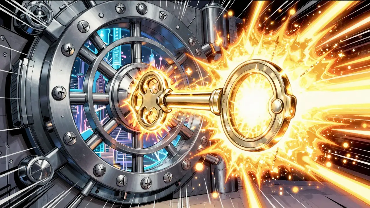 A legendary NFT key unlocking a futuristic city in a superhero comic style