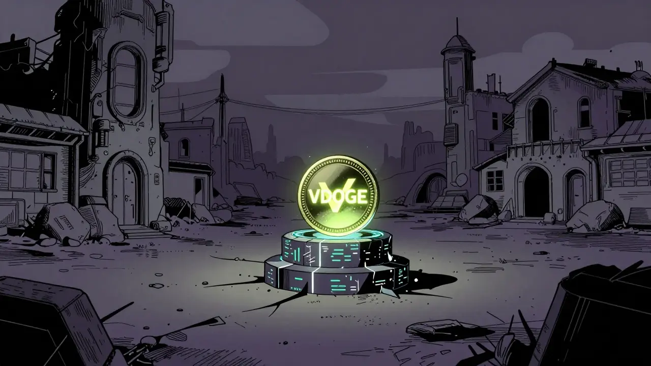 A lonely vDOGE coin in a desolate, dark digital ghost town in comic book art.