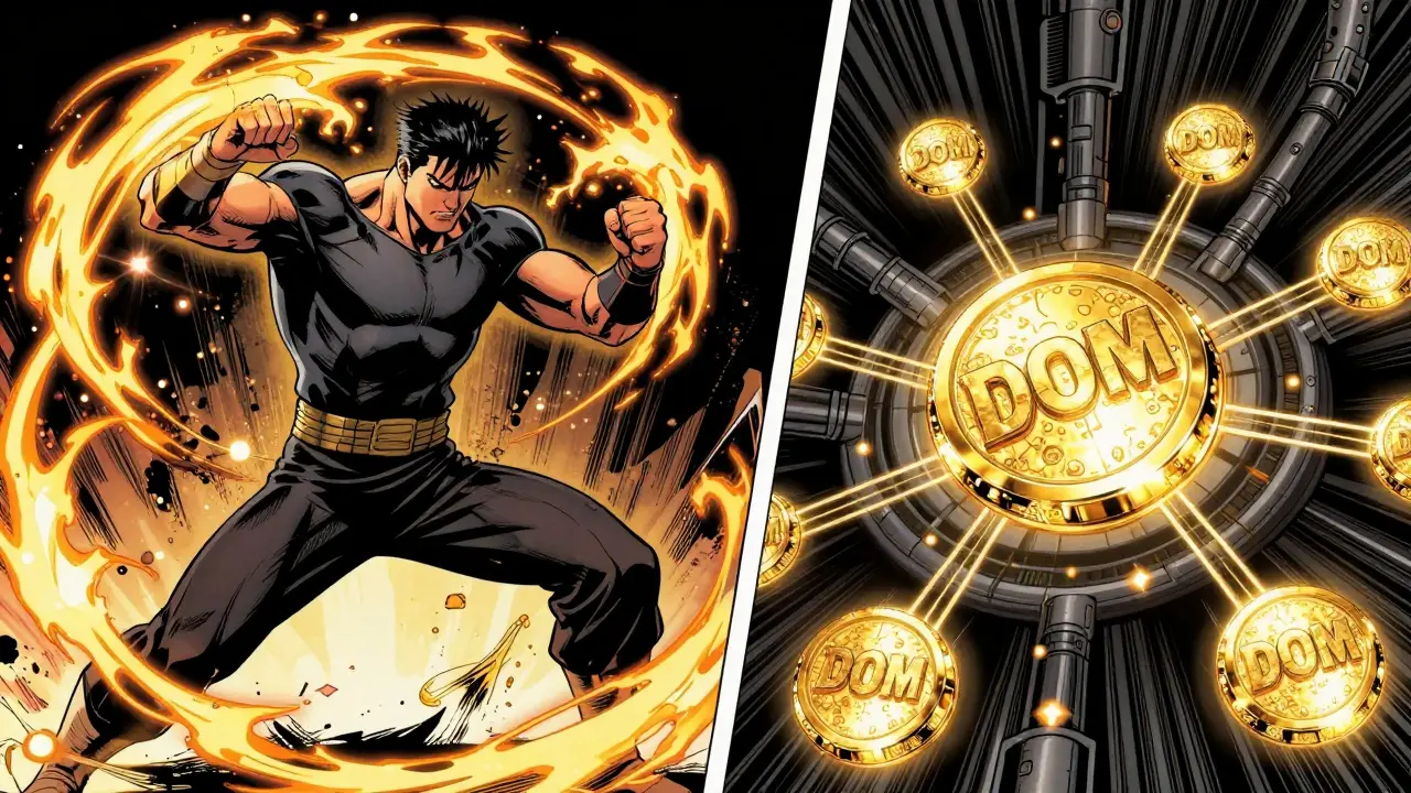 A martial artist and a blockchain network with gold tokens in a split-screen comic layout.