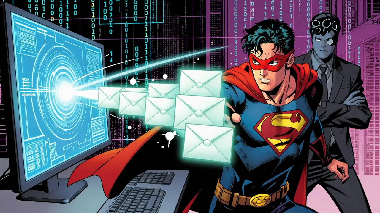 A masked hero protecting sealed glowing envelopes from a digital analysis beam in comic style.