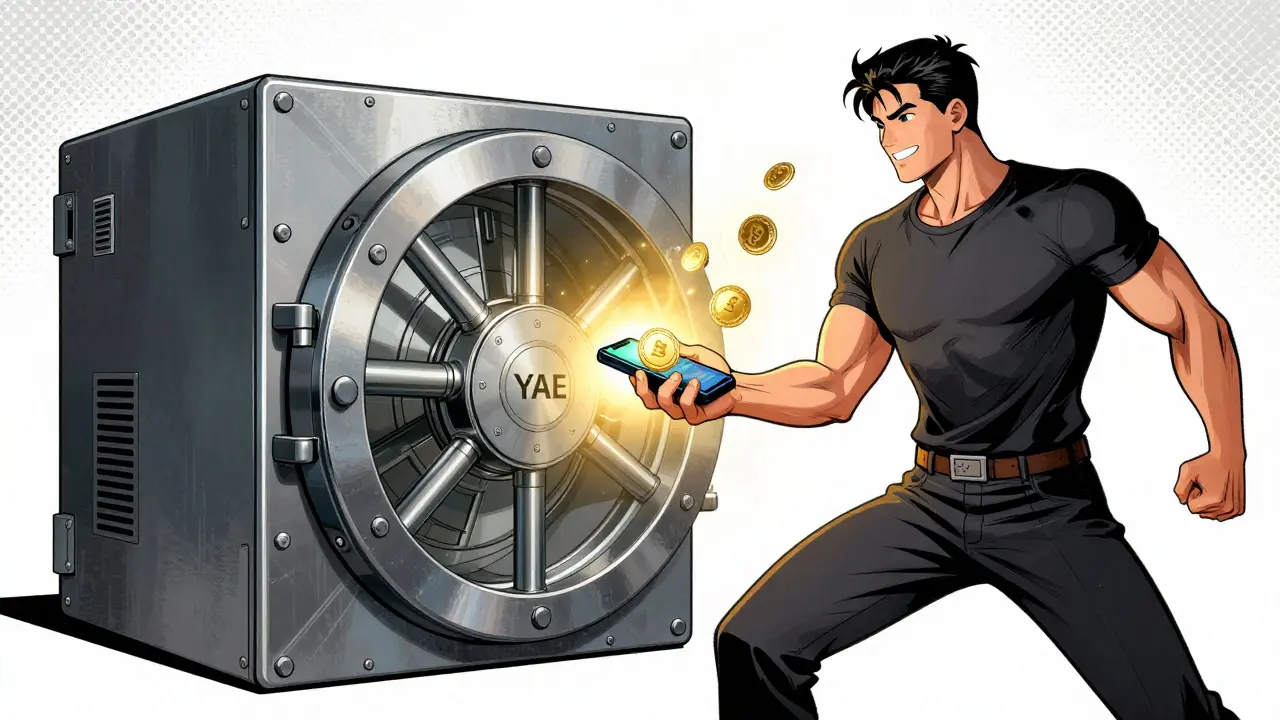 A person transferring glowing tokens into a high-tech hardware vault