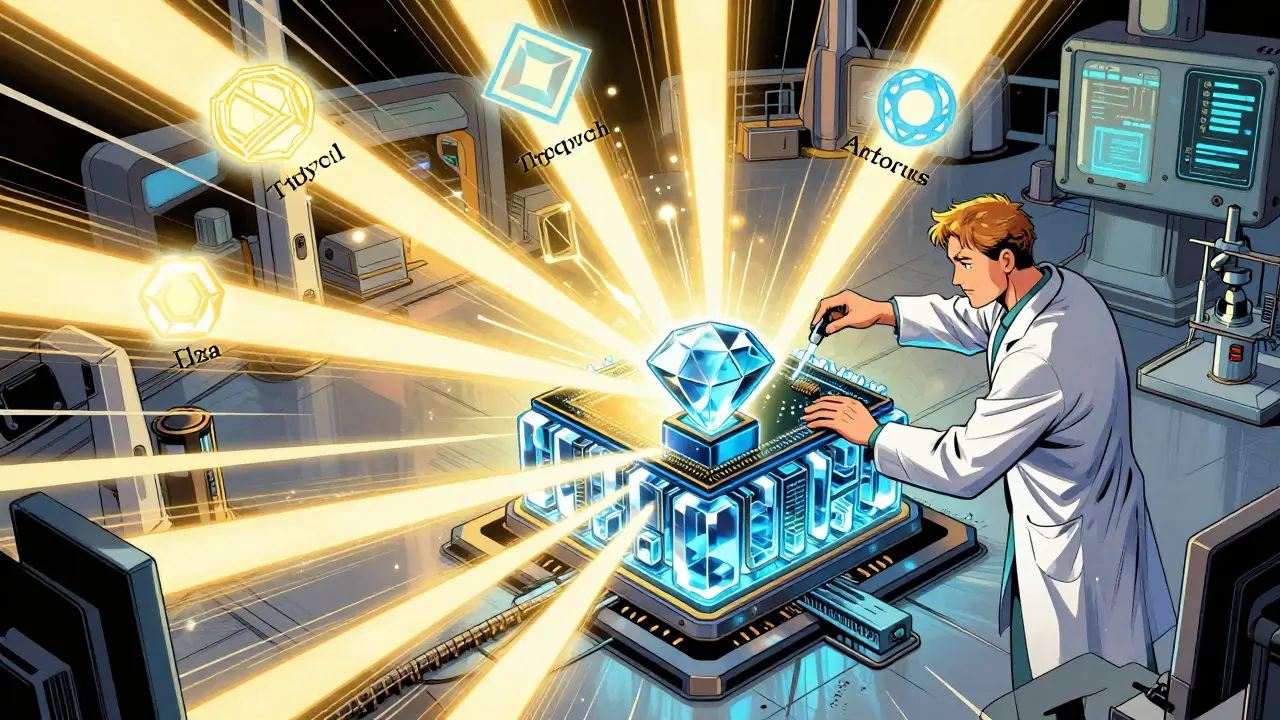 A scientist upgrading a digital core to make data smaller and faster in a comic book style.