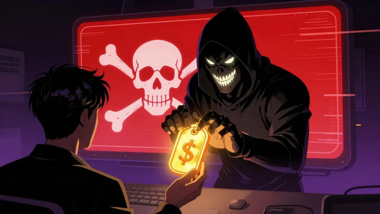 A shadowy figure offering a fake token to a user with a red warning sign in the background.