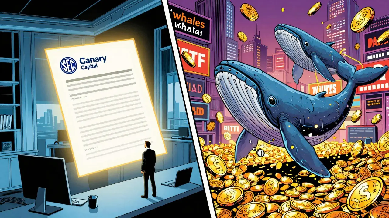 A split scene showing a corporate SEC office and cyber whales in a comic book style.