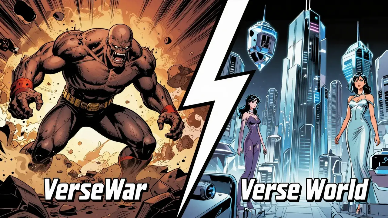 A split-screen comparison between a monster battle wasteland and a futuristic VR city.