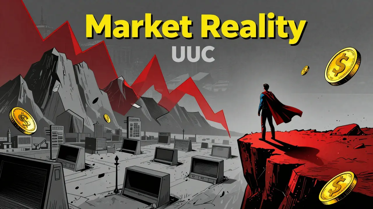 A superhero figure looking over a crumbling financial chart in a desolate digital city.