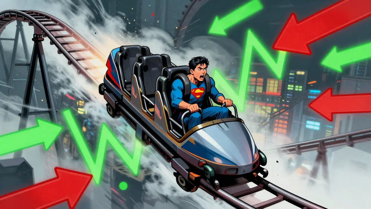 A superhero riding a rollercoaster shaped like a volatile cryptocurrency price chart.