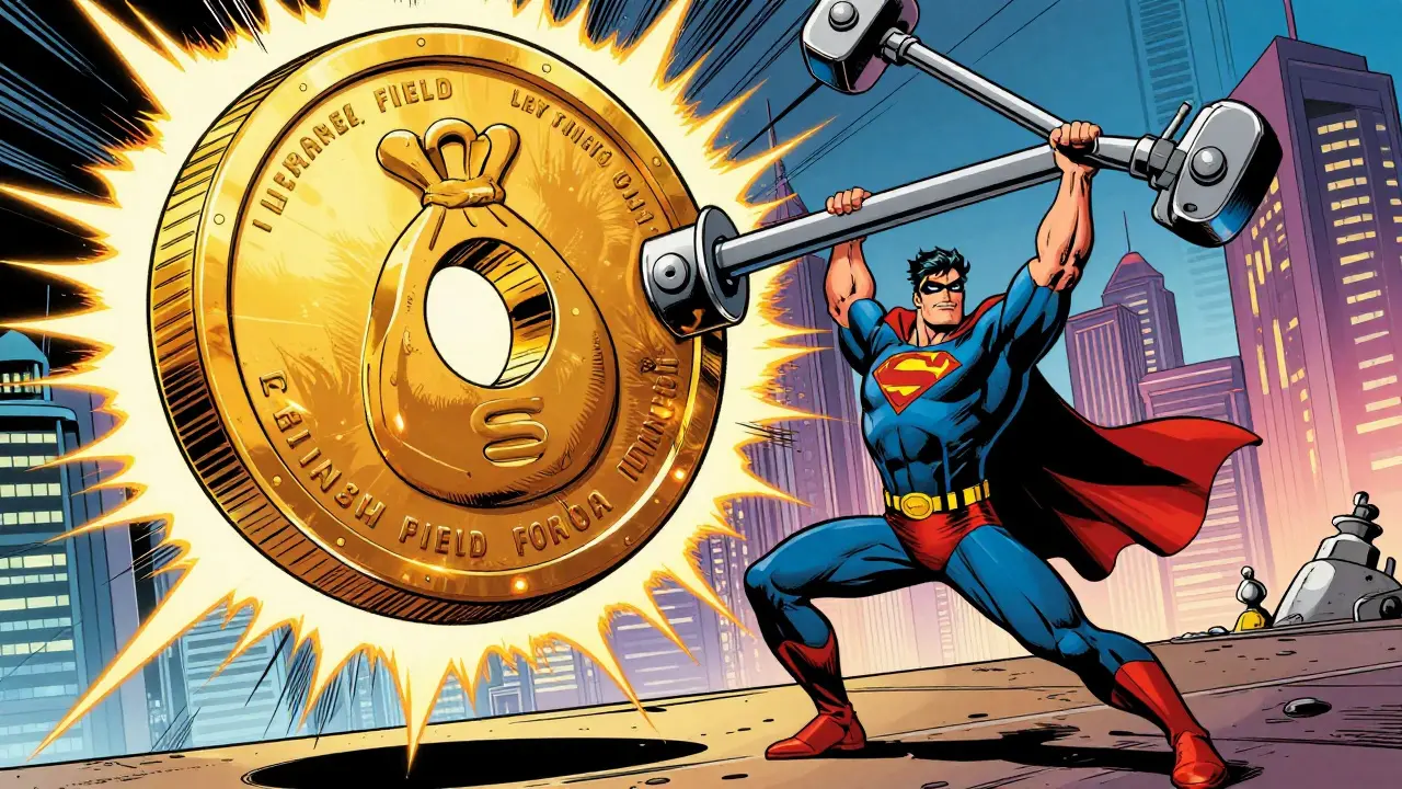 A superhero using a giant lever to lift a massive golden token in a futuristic city.