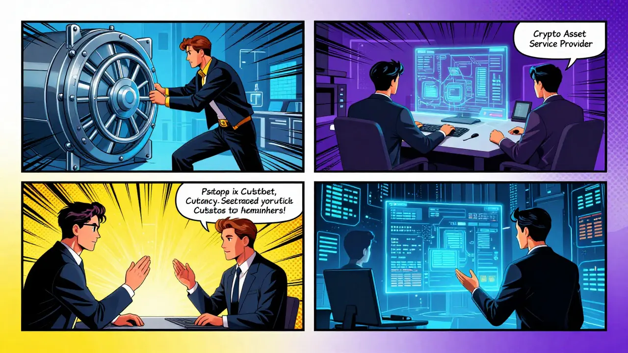 A tech hero managing digital vaults and trading platforms in a superhero comic layout.