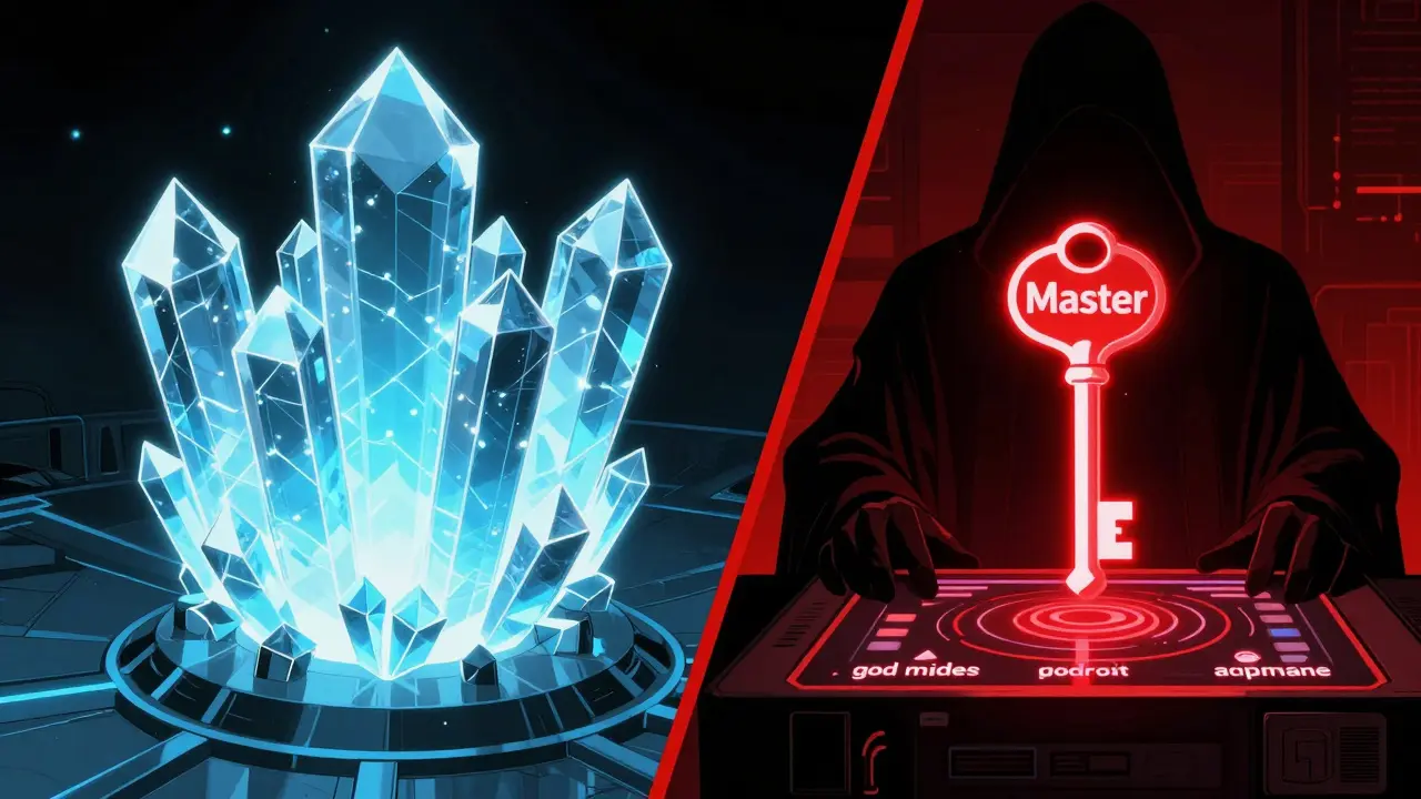 Comic art contrasting a glowing blockchain network with a shadowy figure holding a master key.