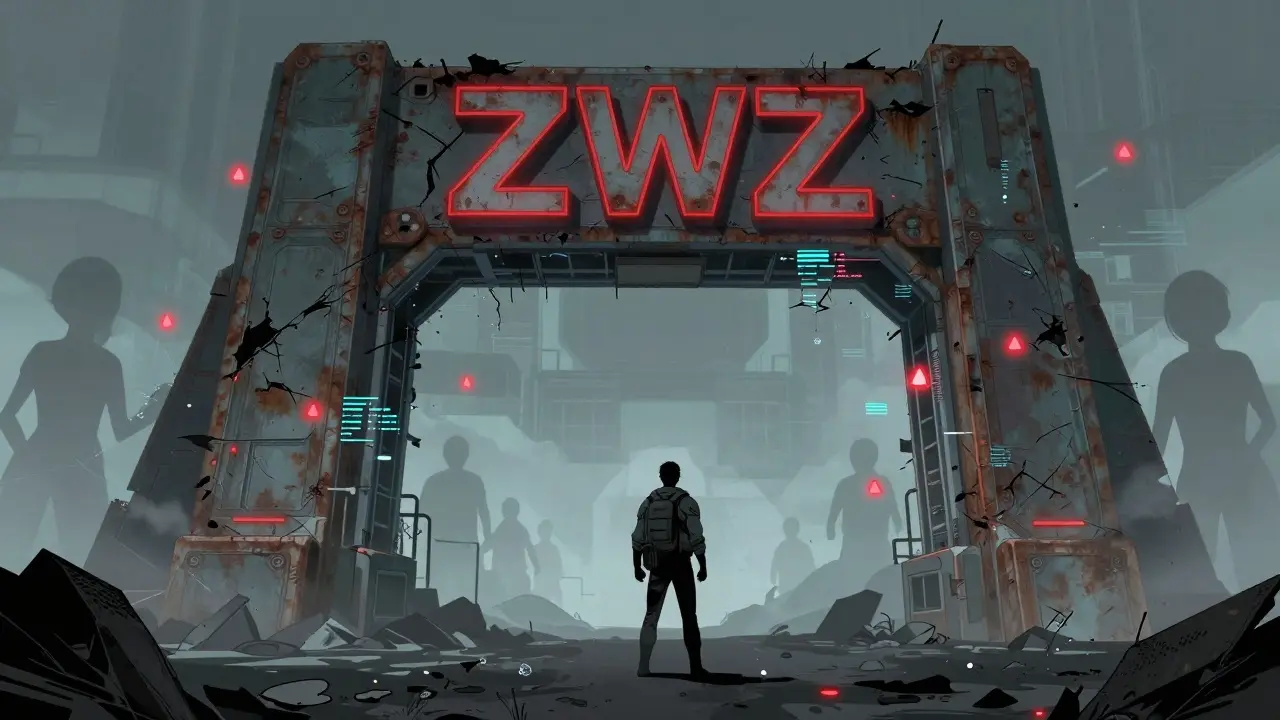 Comic art of a lonely explorer facing a broken, glitchy ZWZ gateway in a digital wasteland