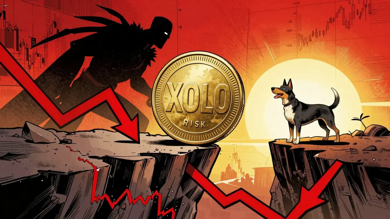 Comic art of a XOLO coin on a cliff of red financial charts, symbolizing market risk.