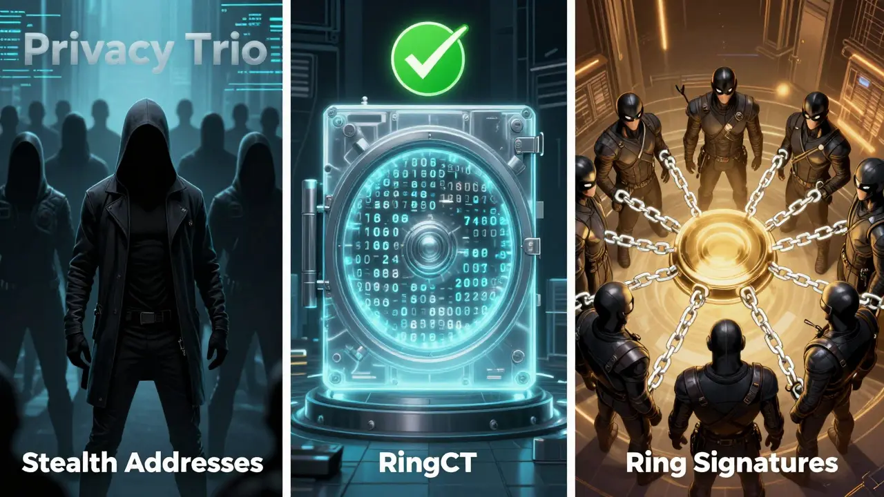 Comic art showing stealth addresses, hidden transaction amounts, and a ring of masked figures.