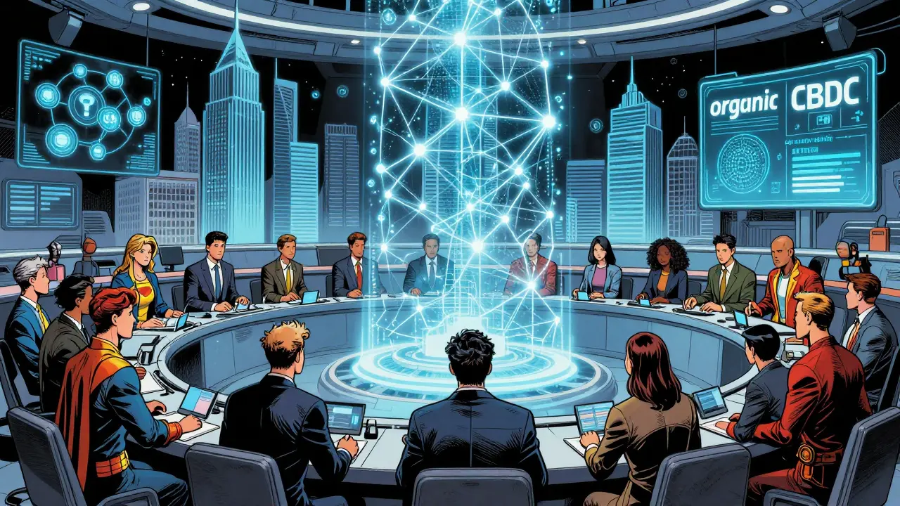Comic book scene of a futuristic command center blending AI, real estate and digital currency.
