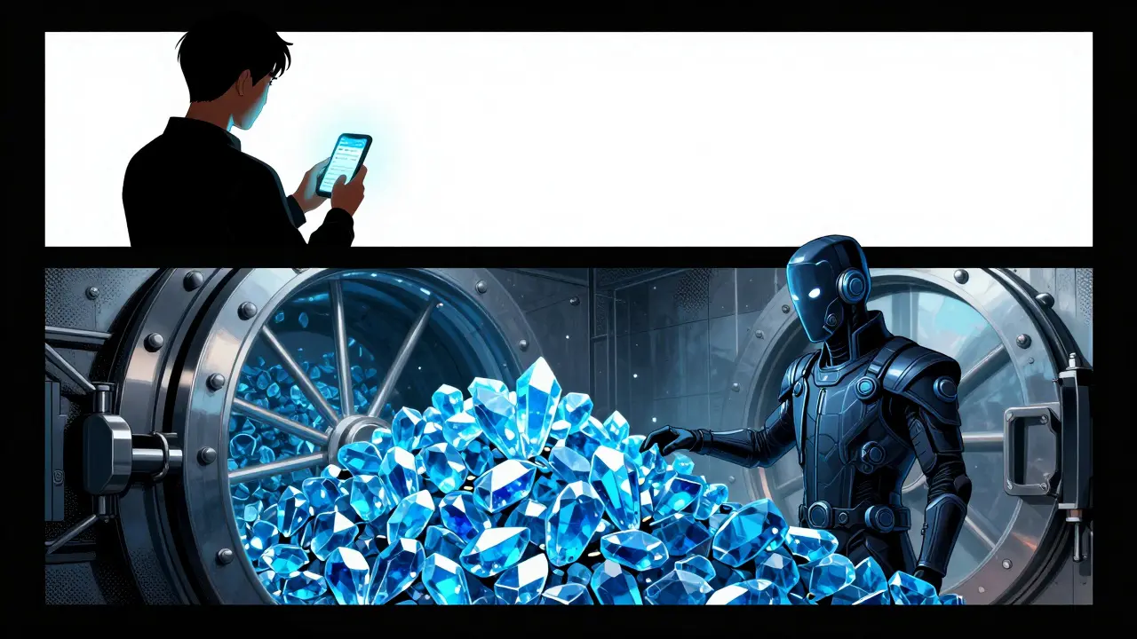 Comic book split panel showing a regular user and a wealthy investor staking blue KDG crystals