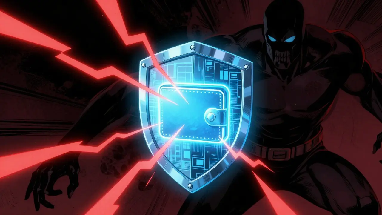 Comic book style scene of a digital shield protecting a crypto wallet from a shadow monster.