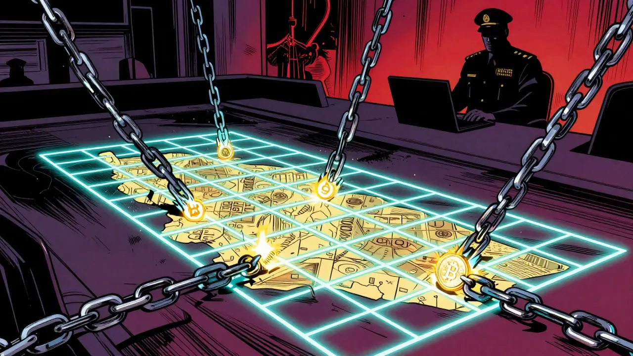 Comic illustration of a digital neon net capturing cryptocurrency icons over a city map.