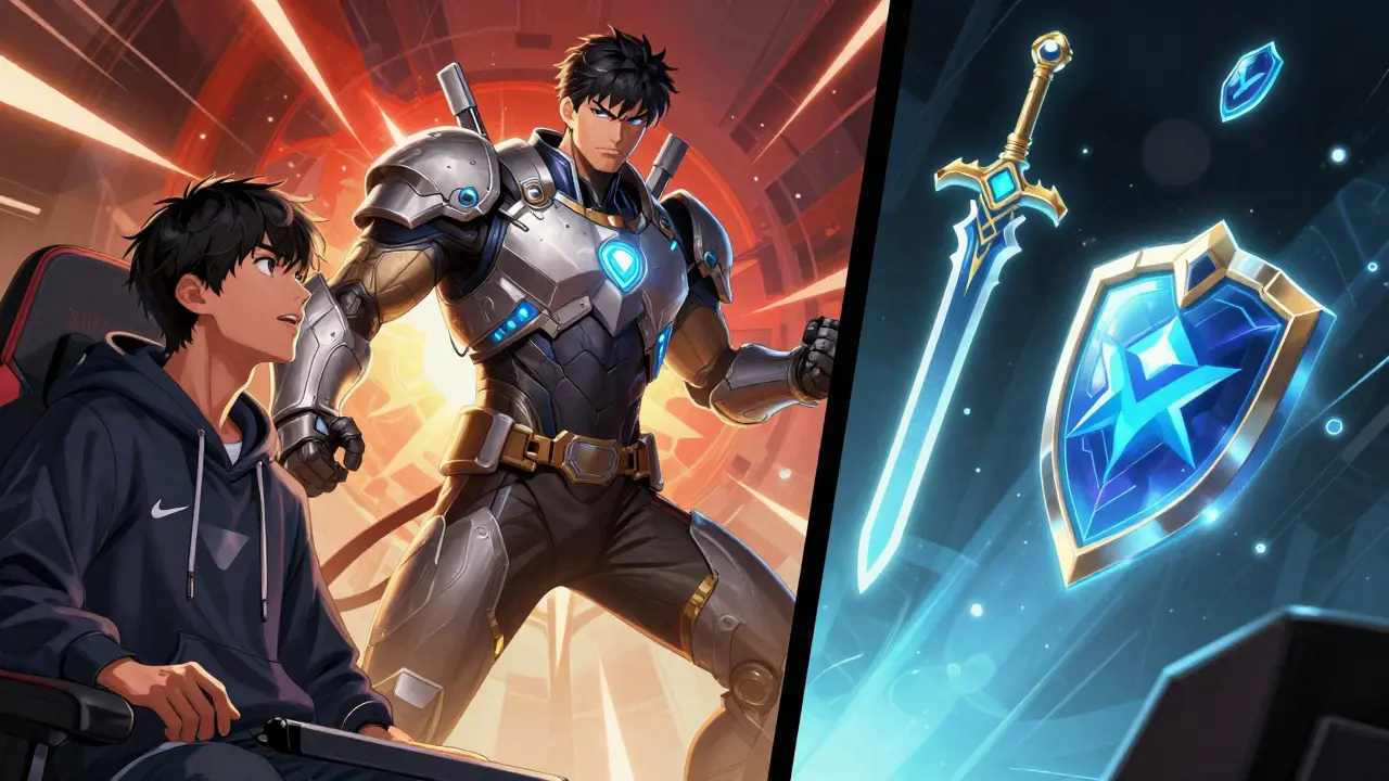 Comic illustration of a gamer transforming into a pro player with holographic NFTs.