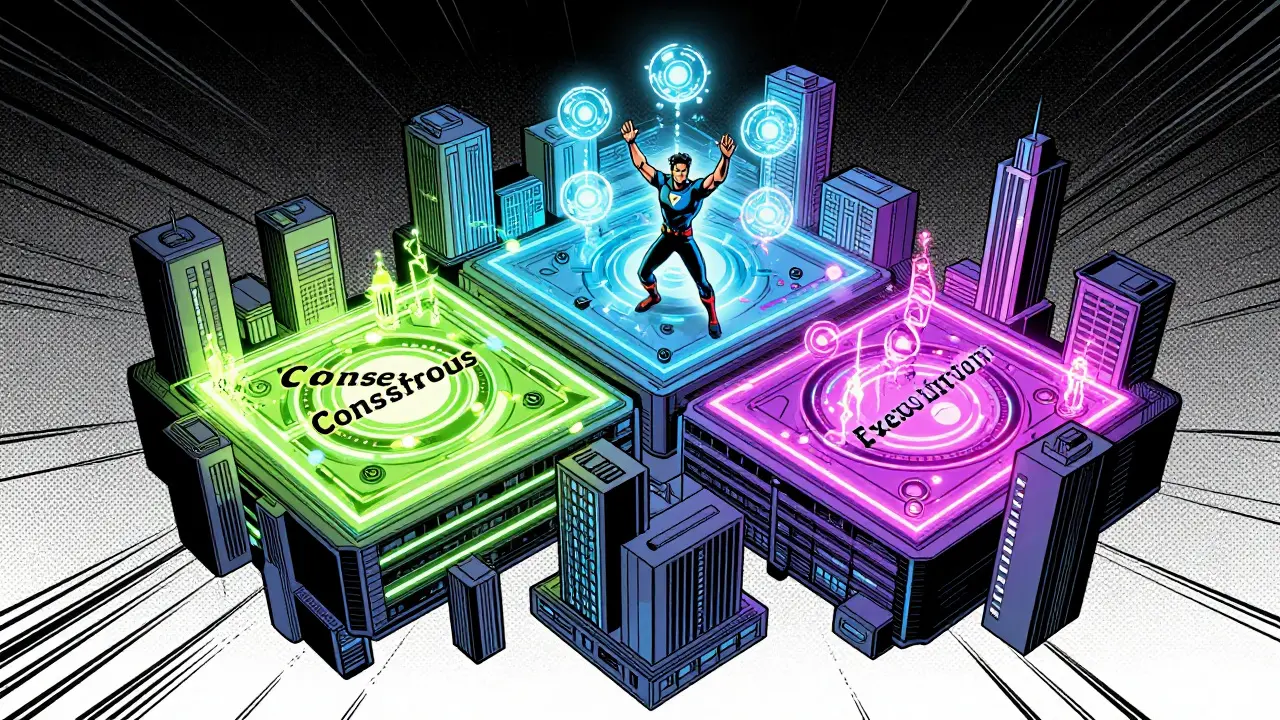 Comic illustration of a modular digital city with a hero managing multiple energy streams.