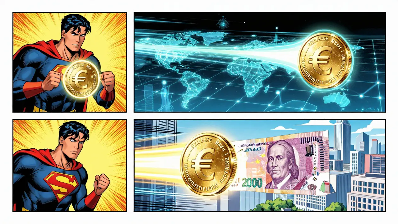 Comic sequence showing a stablecoin moving across a digital blockchain network