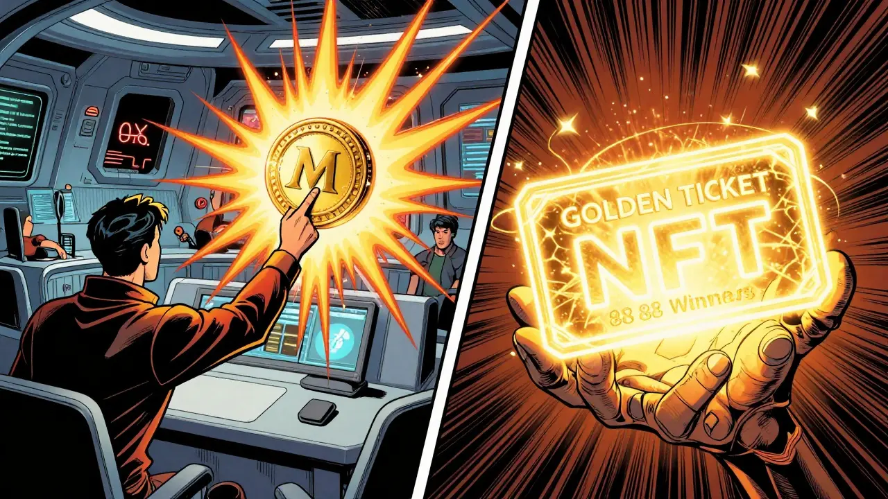 Comic split-screen showing a digital vote with MX tokens and a rare golden NFT.