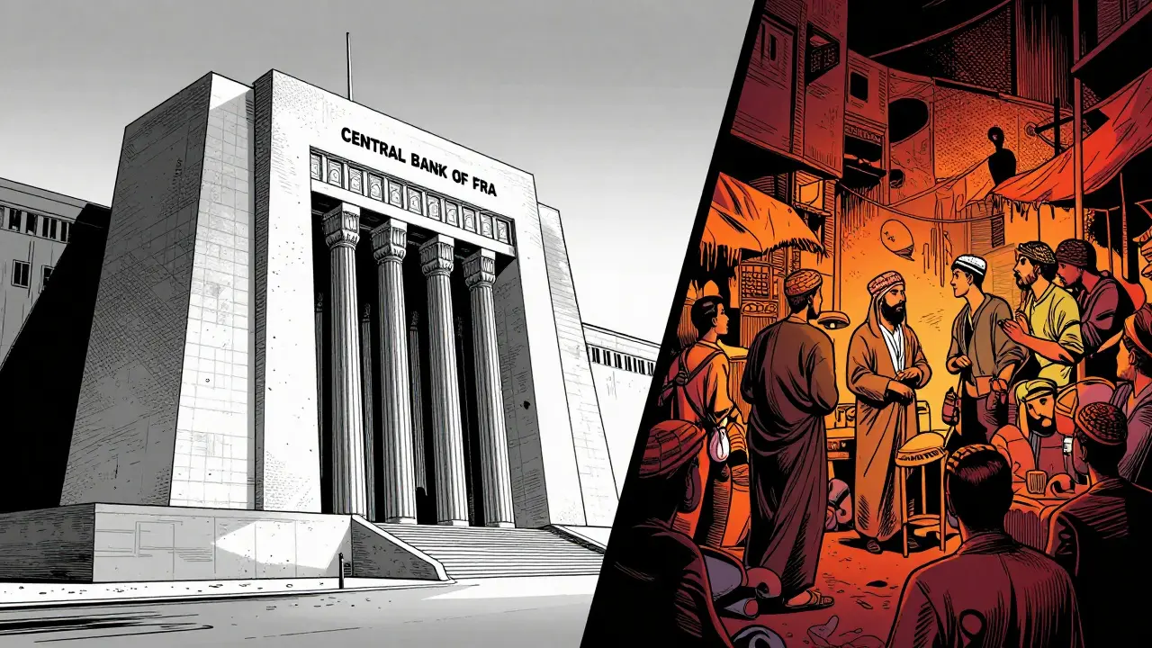Comic split-screen showing a government fortress contrasting with secret crypto traders in a market.
