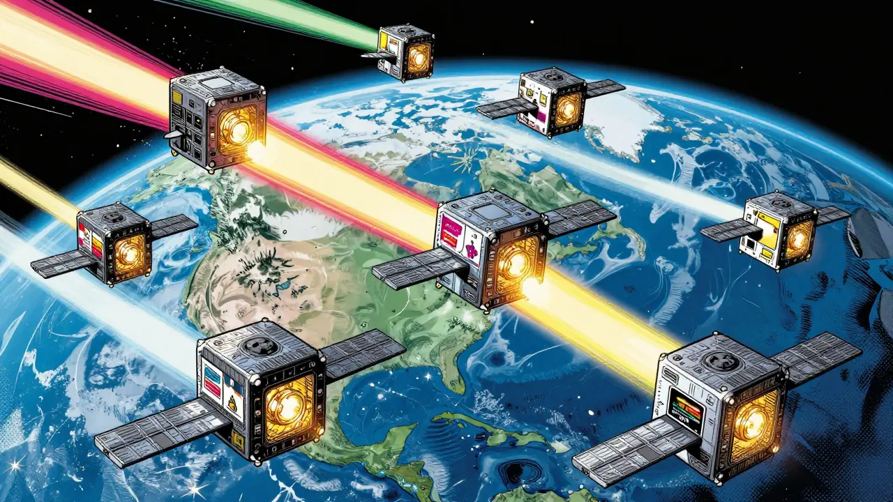 Comic style illustration of miniature CubeSats projecting digital ads in Earth's orbit.