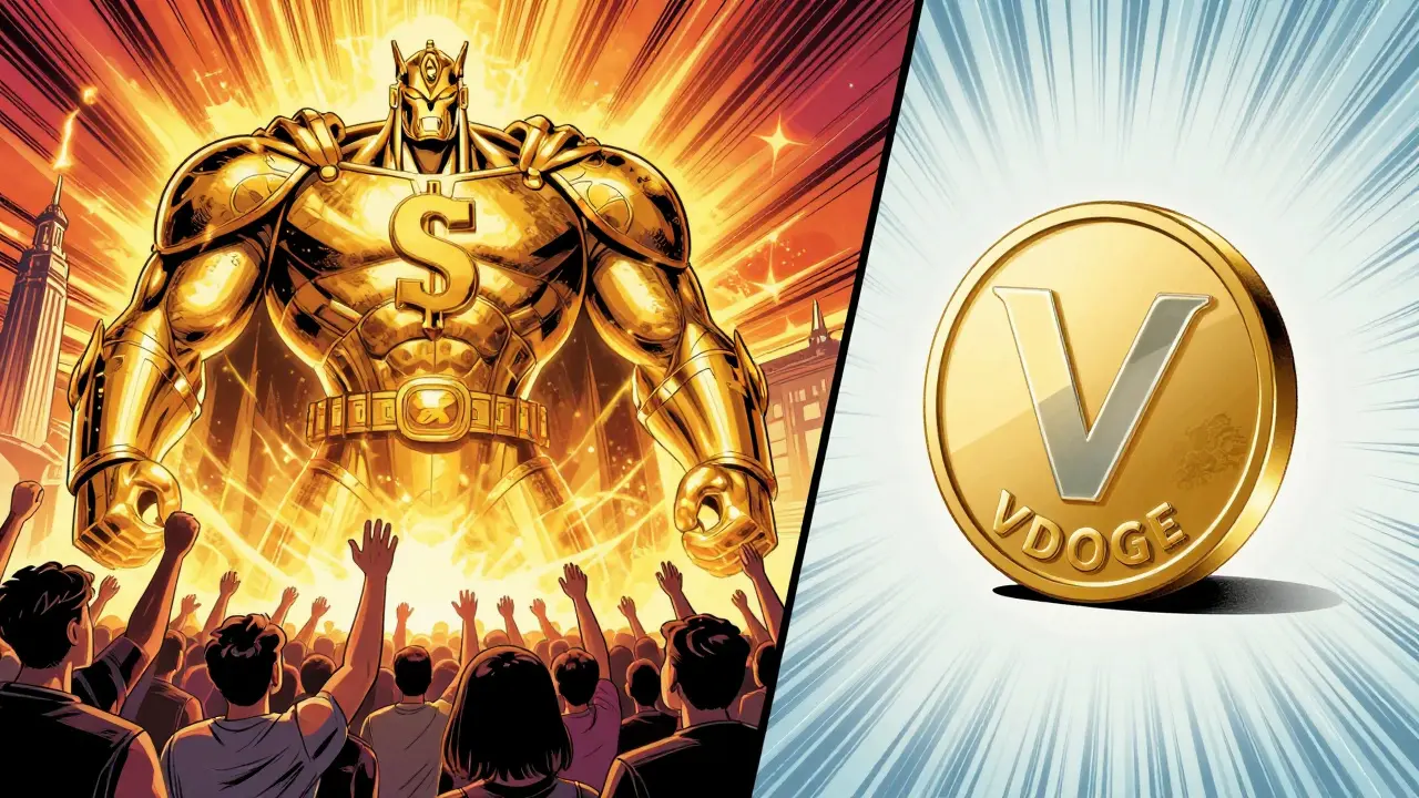 Comparison of a massive Dogecoin empire and a small, ghostly vDOGE token in comic style.
