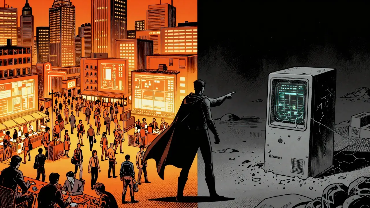 Contrast between a bustling digital trade city and a dusty, abandoned terminal