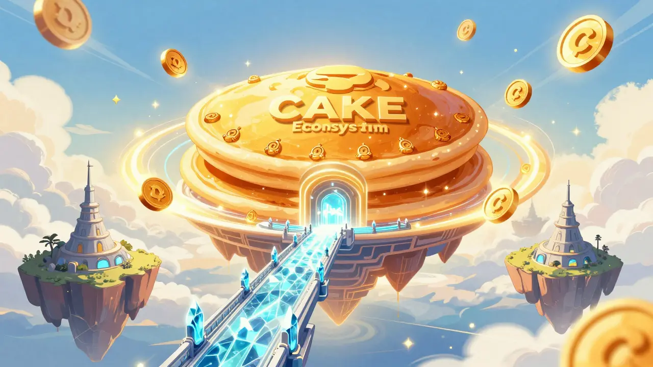 Epic comic book view of a floating pancake fortress and an energy bridge.