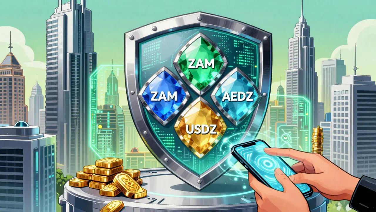 Futuristic comic scene featuring a tri-token shield and holographic phone transfers.