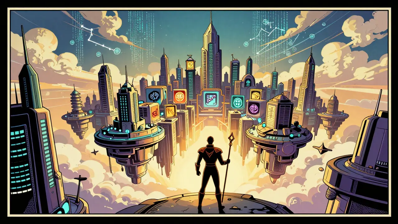 Futuristic metropolis skyline made of floating weapon skins