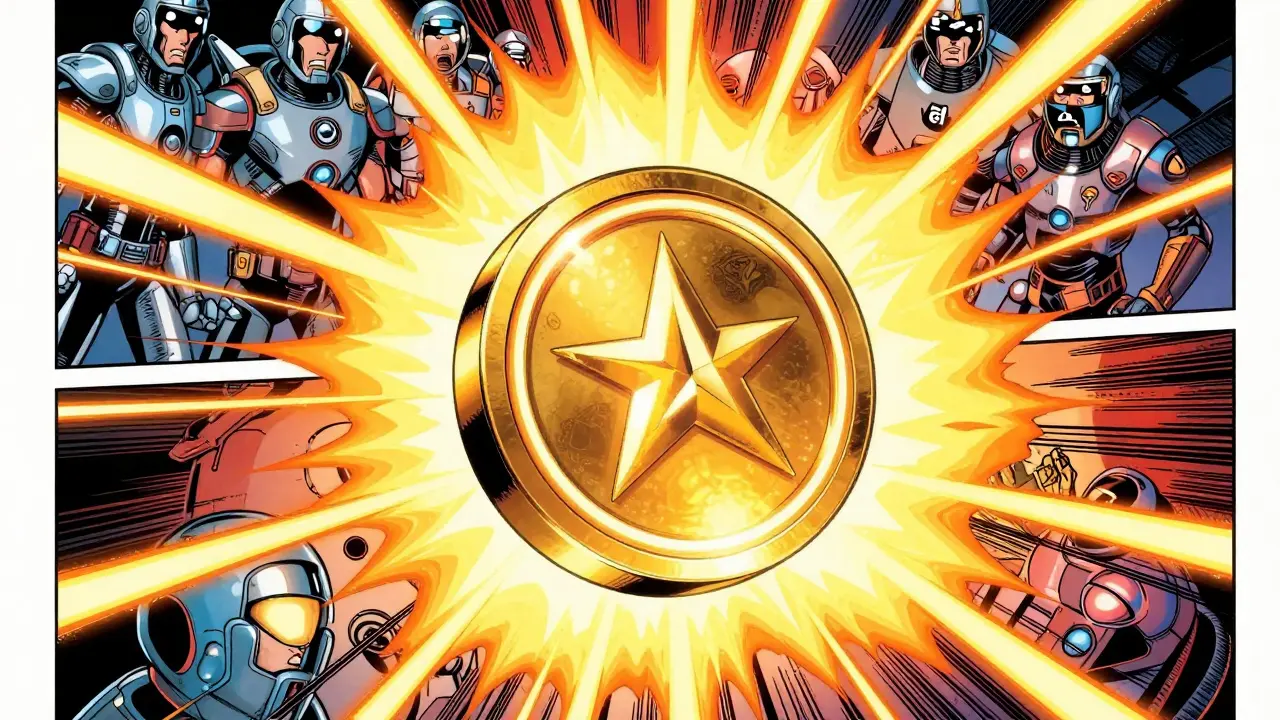 Glowing ASTRO token artifact surrounded by explosive energy and space explorers.