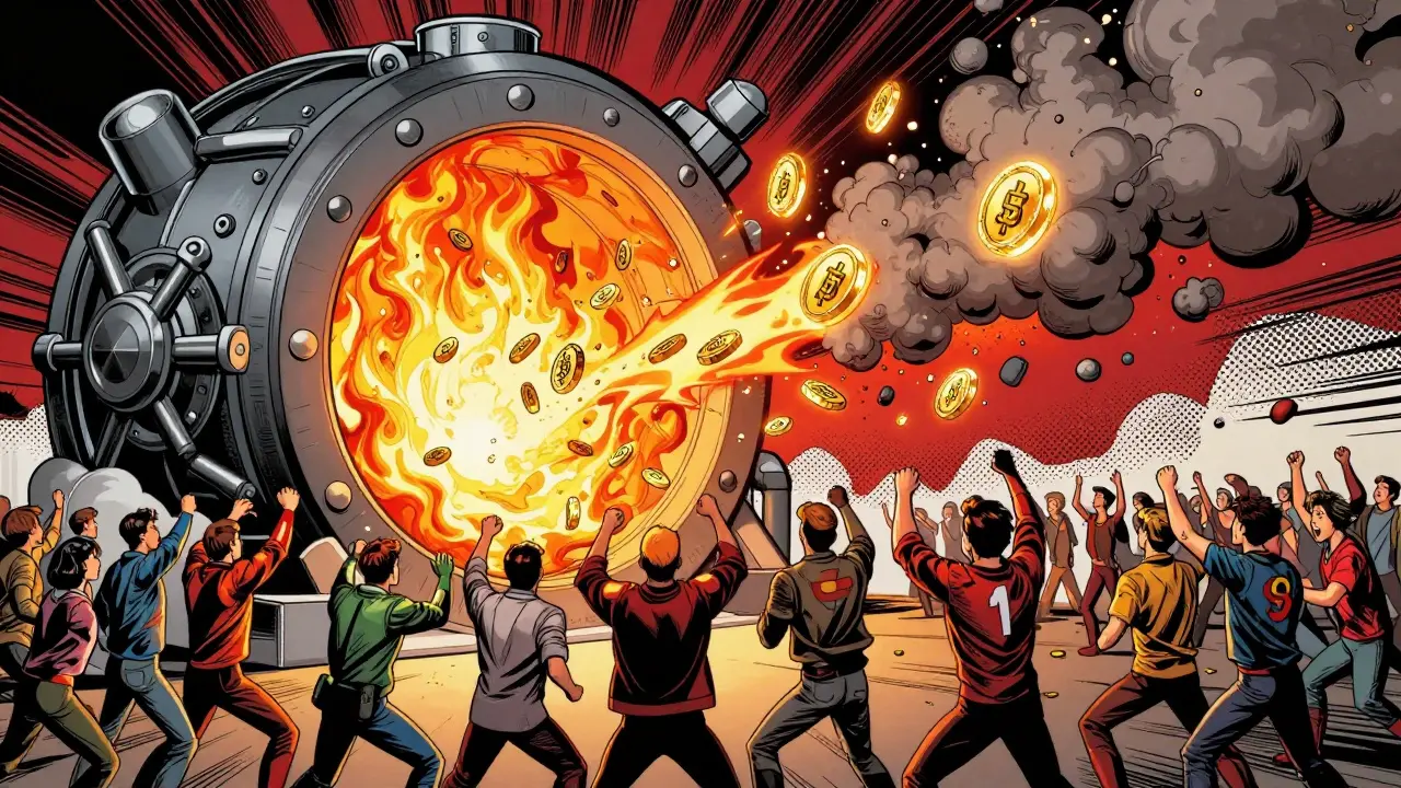 Glowing digital tokens being burned in a massive cosmic furnace surrounded by people.