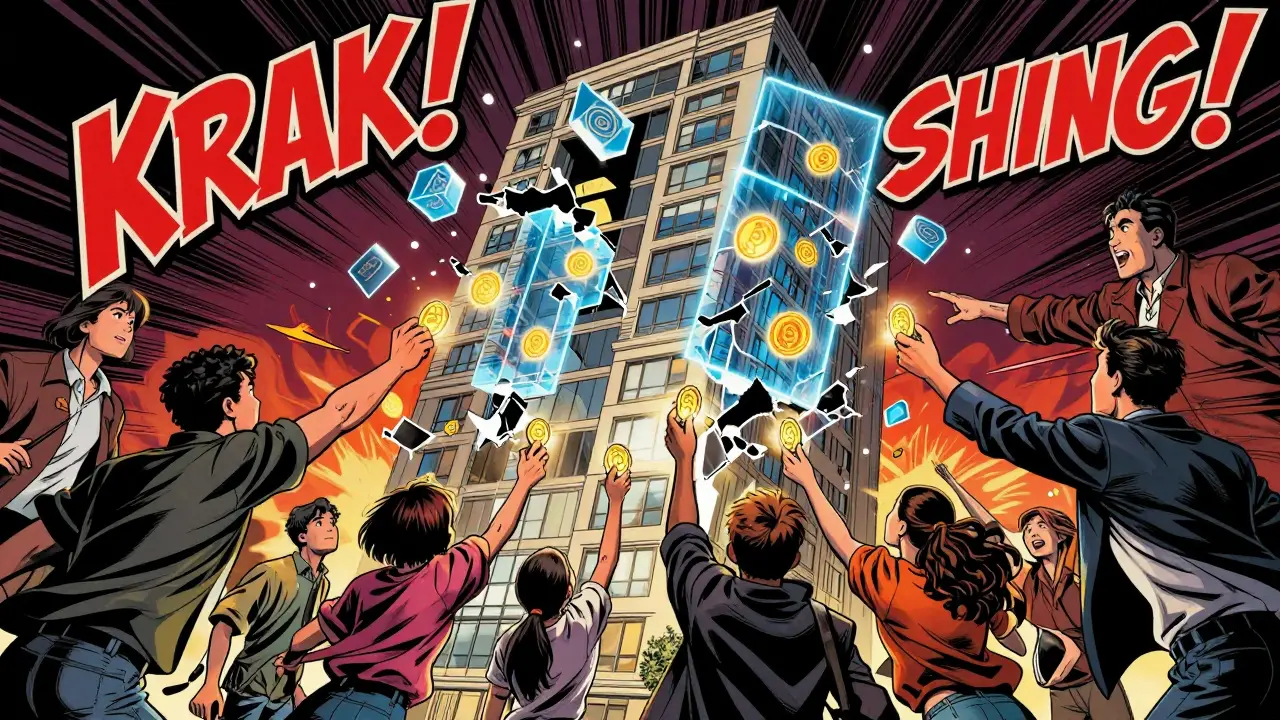 Holographic tokens of a building being shared among a group of people in a dynamic comic book style.