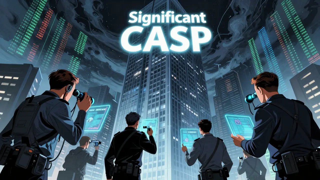 Regulators using futuristic scanners to stress test a massive corporate skyscraper.