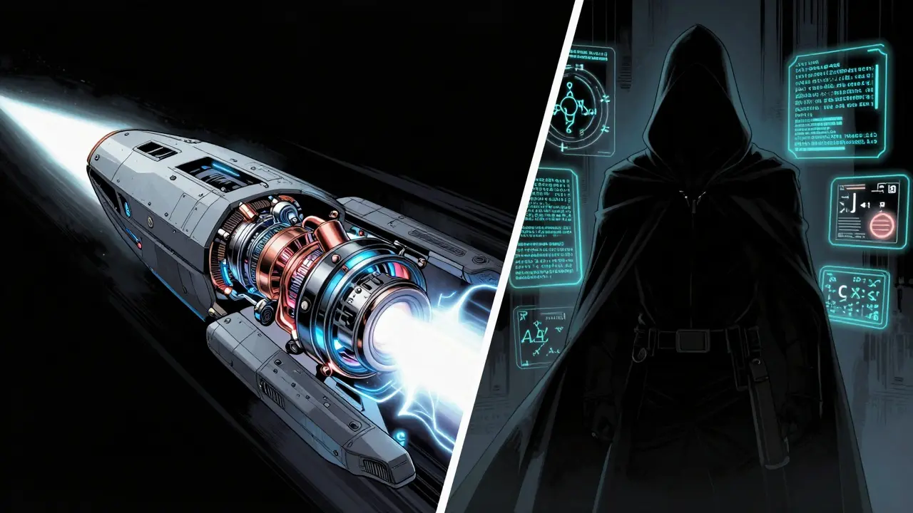 Split-screen showing a high-speed plasma engine and a mysterious silhouetted figure.