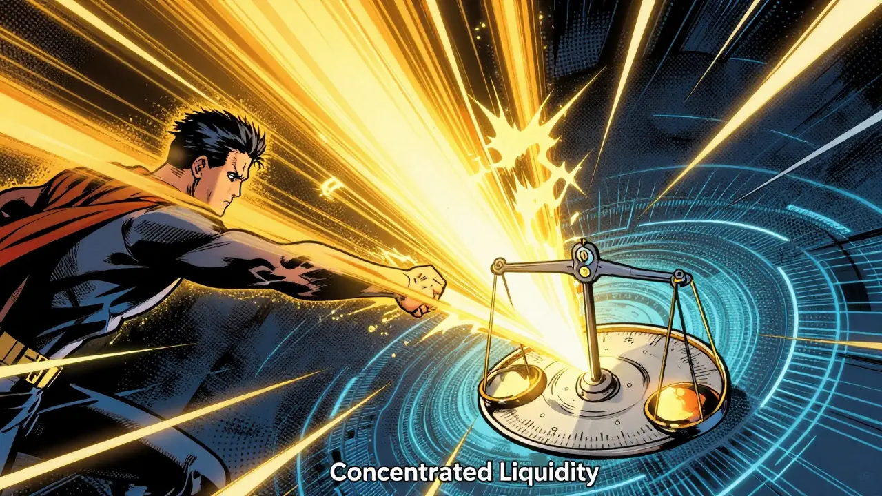 Superhero focusing golden energy into a narrow beam to represent concentrated liquidity.
