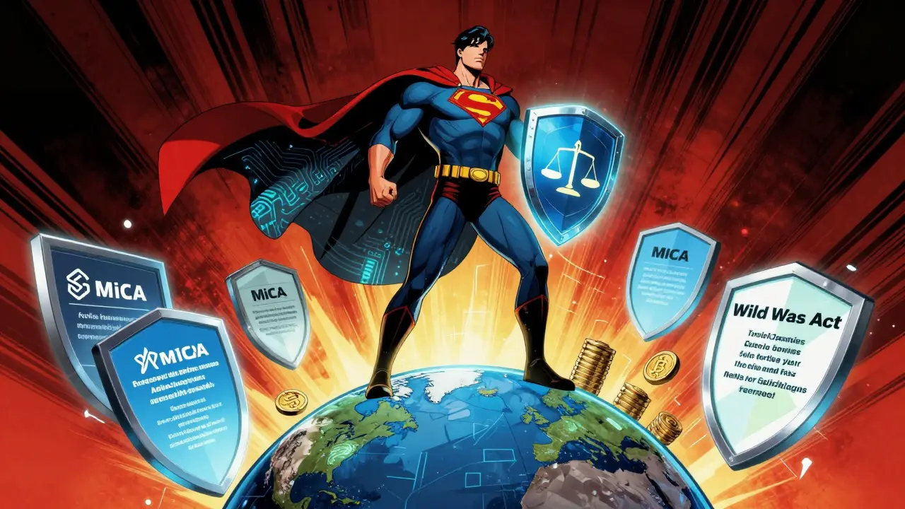 Superhero judge protecting global crypto payments with digital shields