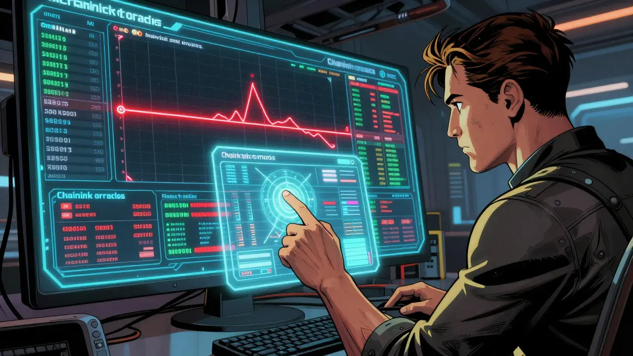 Superhero managing liquidity ranges via futuristic holographic screens