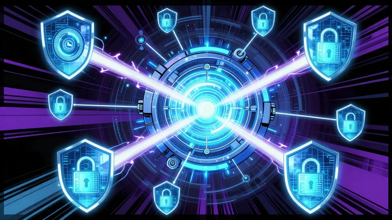 Technical visualization of blockchain security and Proof of Stake as a high-tech core.