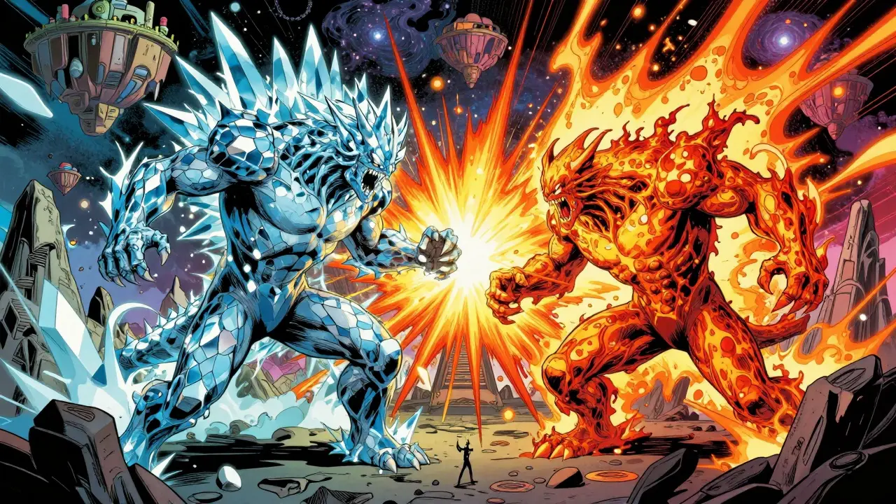 Two powerful fantasy monsters fighting in a colorful, cosmic multiversal arena.