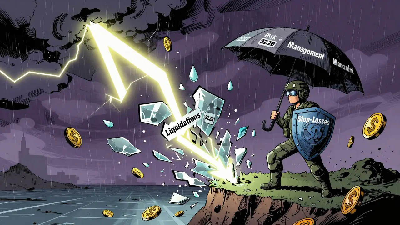 A trader uses risk management shields to survive a liquidation storm in comic art.