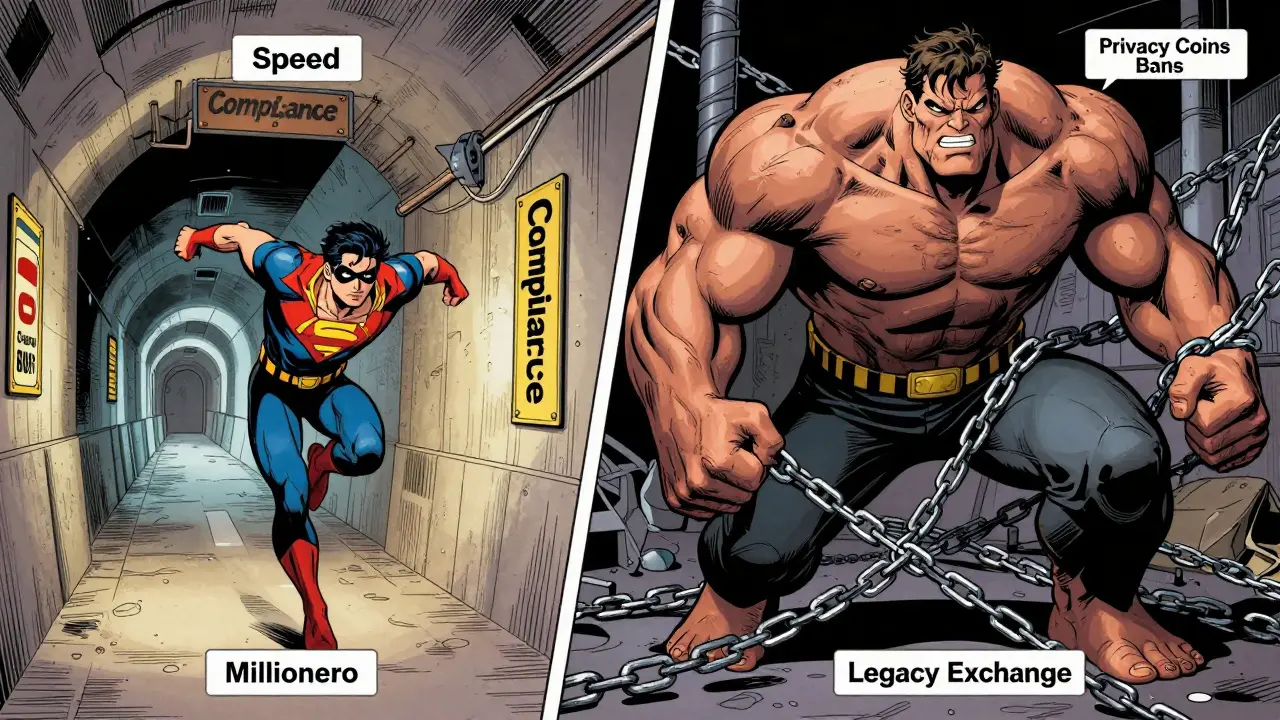 Comic art comparing agile compliant exchange vs slow legacy competitor.