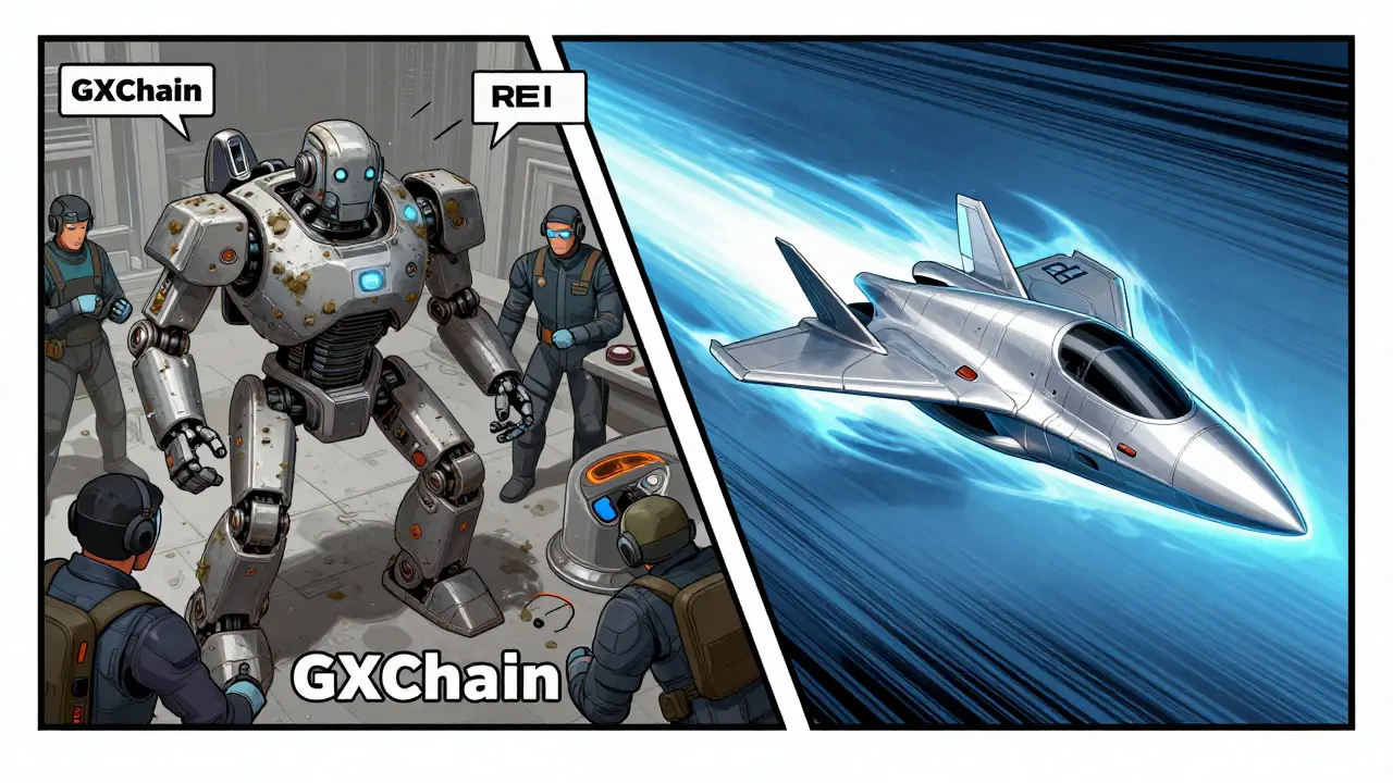 Comic art showing GXChain upgrading into the fast, sleek REI Network jet.