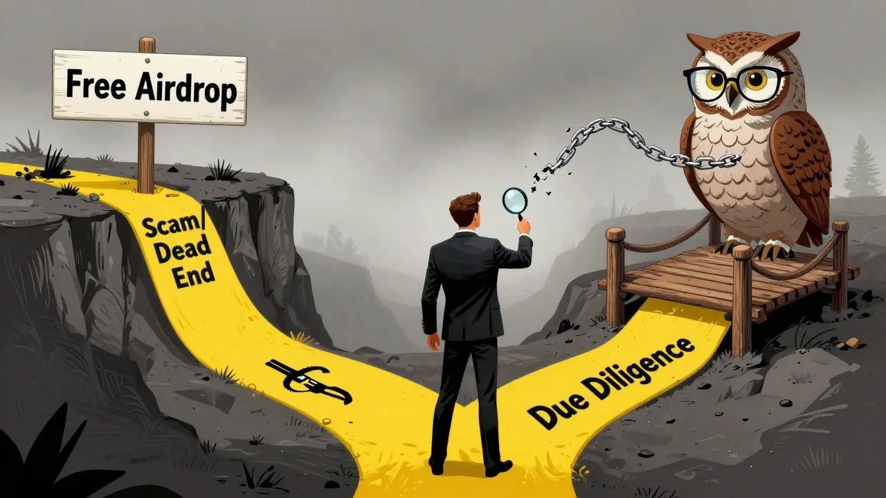Comic art showing investor choosing due diligence over risky airdrop traps.