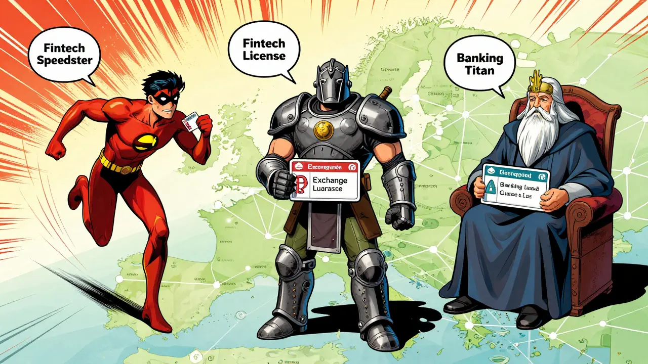 Comic characters guarding different Swiss crypto license types