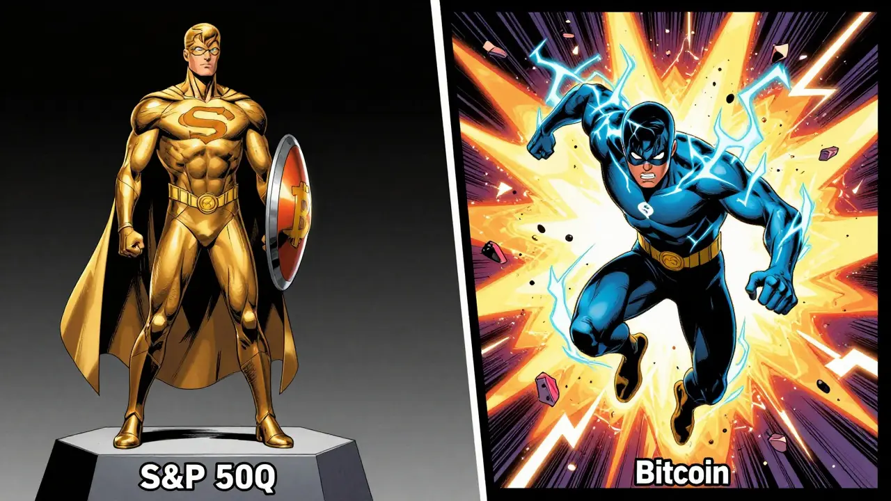 Comic comparison of stable stock market vs volatile crypto explosion