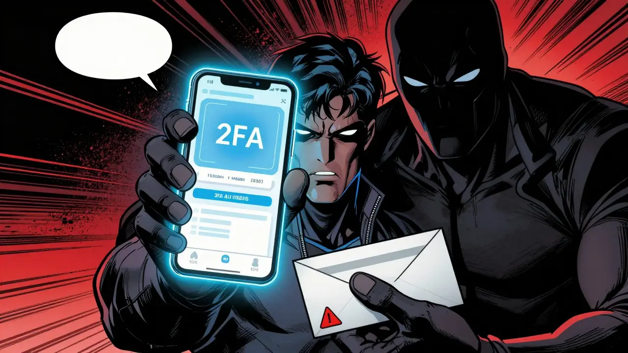 Comic hero blocking phishing scam with authenticator app 2FA protection.